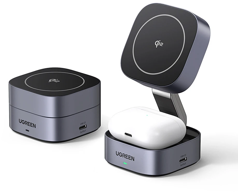 „Ugreen W702 3in1“ indukcinis įkroviklis su „MagSafe“ / „Qi2“ ir USB-C prievadu telefonui / ausinėms – juodos spalvos