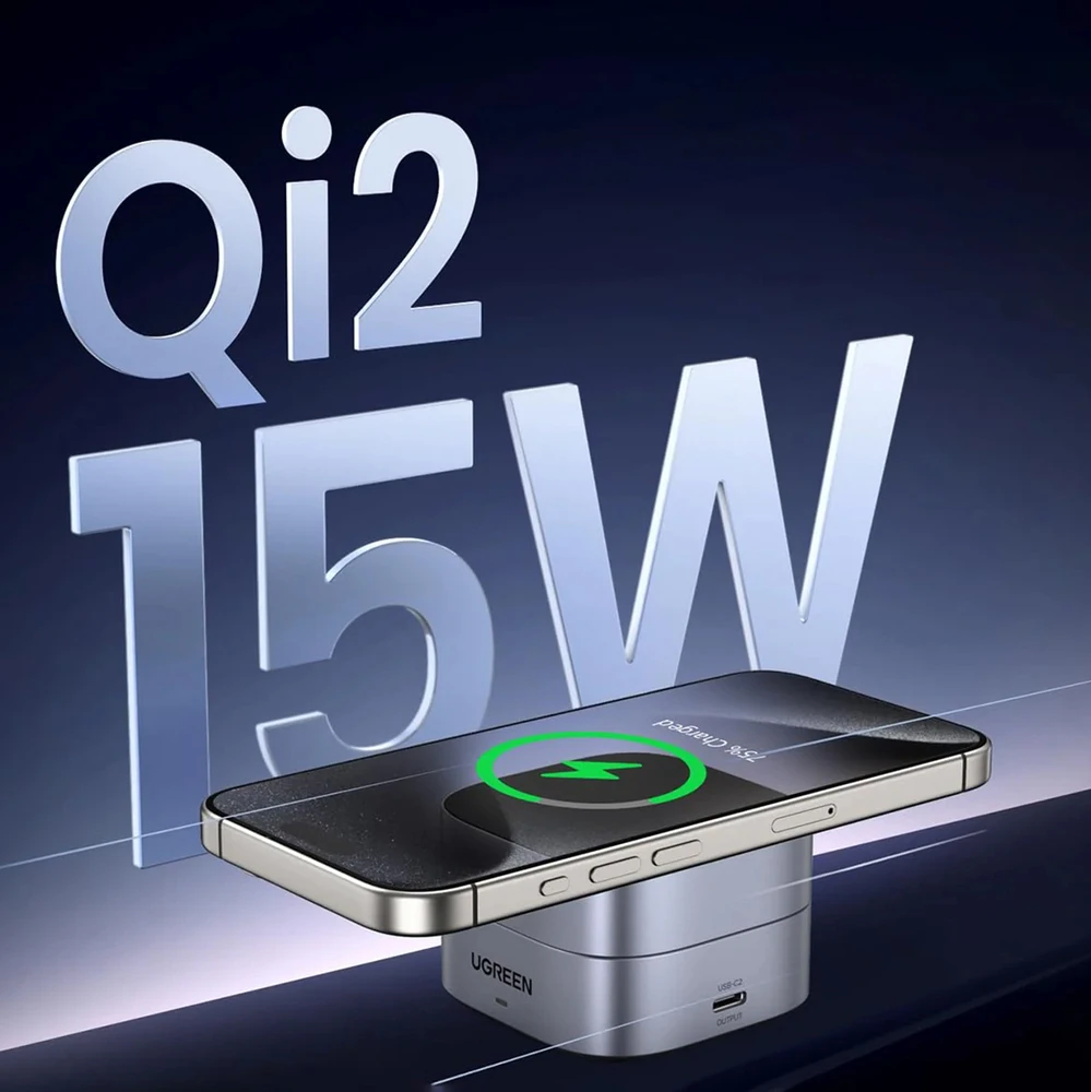 „Ugreen W702 3in1“ indukcinis įkroviklis su „MagSafe“ / „Qi2“ ir USB-C prievadu telefonui / ausinėms – juodos spalvos