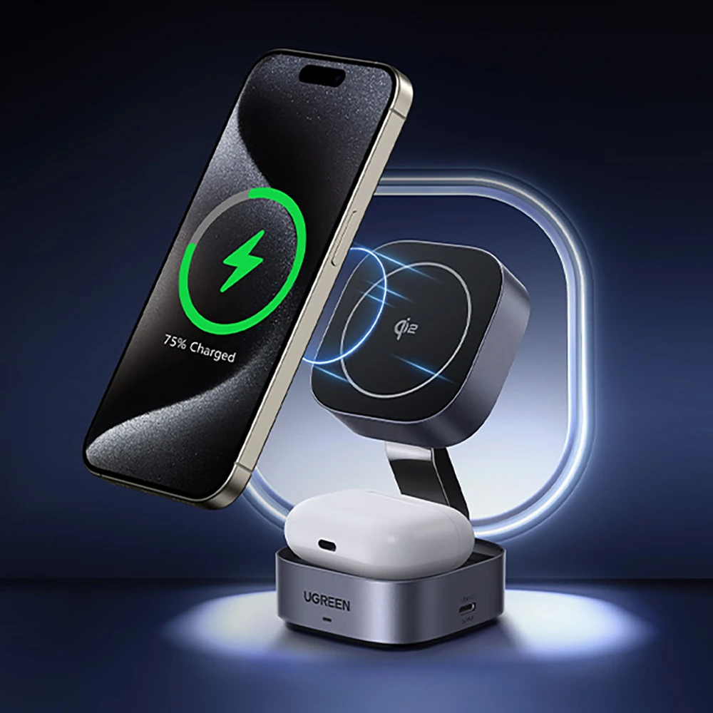 „Ugreen W702 3in1“ indukcinis įkroviklis su „MagSafe“ / „Qi2“ ir USB-C prievadu telefonui / ausinėms – juodos spalvos