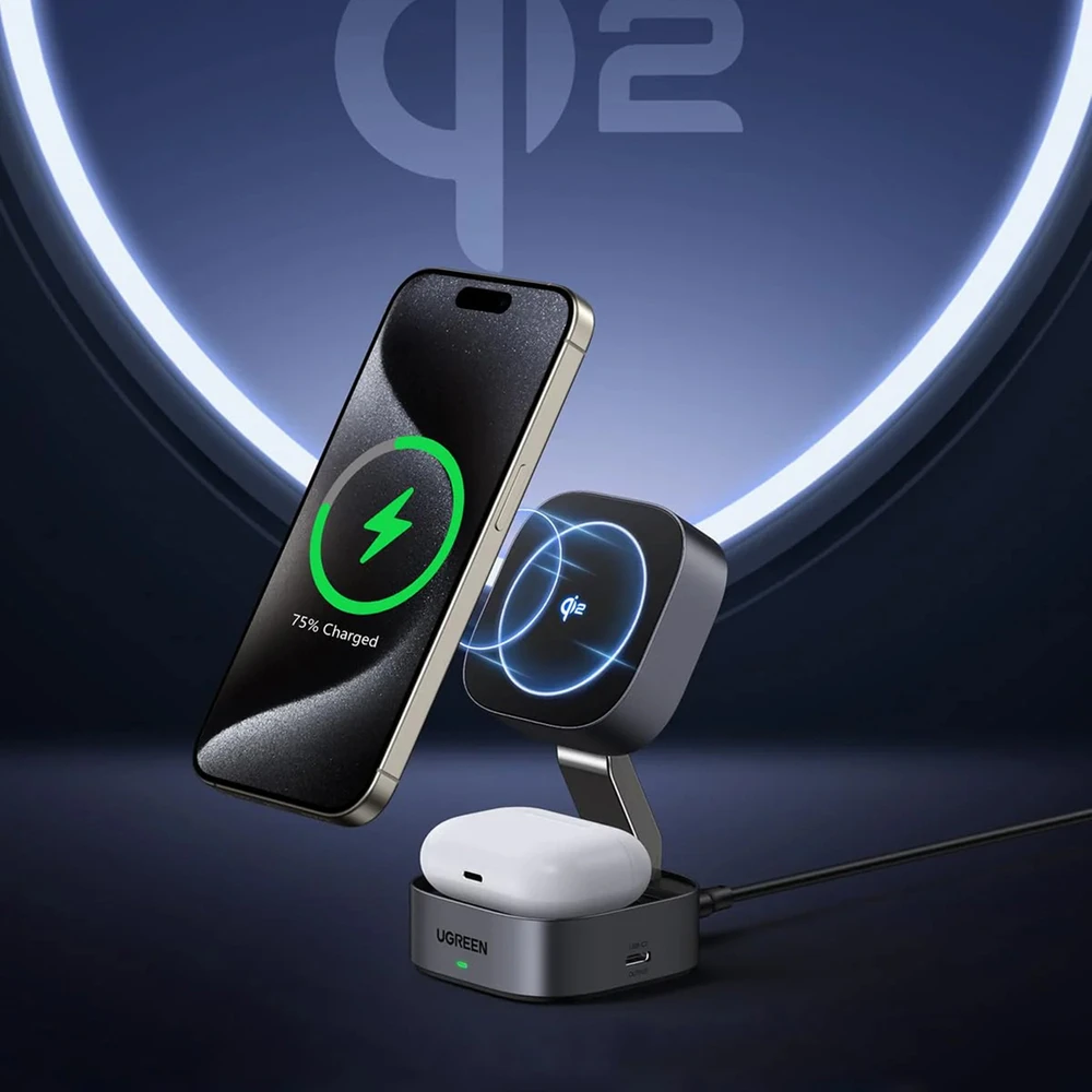 „Ugreen W702 3in1“ indukcinis įkroviklis su „MagSafe“ / „Qi2“ ir USB-C prievadu telefonui / ausinėms – juodos spalvos