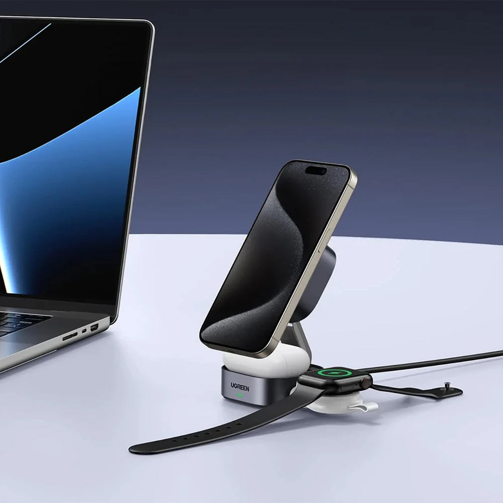 „Ugreen W702 3in1“ indukcinis įkroviklis su „MagSafe“ / „Qi2“ ir USB-C prievadu telefonui / ausinėms – juodos spalvos
