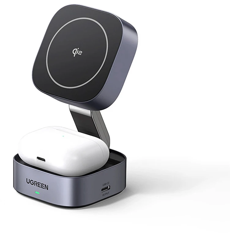„Ugreen W702 3in1“ indukcinis įkroviklis su „MagSafe“ / „Qi2“ ir USB-C prievadu telefonui / ausinėms – juodos spalvos