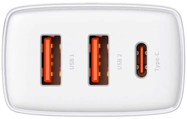 Baseus Sieninis įkroviklis 30W 2xUSB + USB-C QC3.0 PD3.0, baltas
