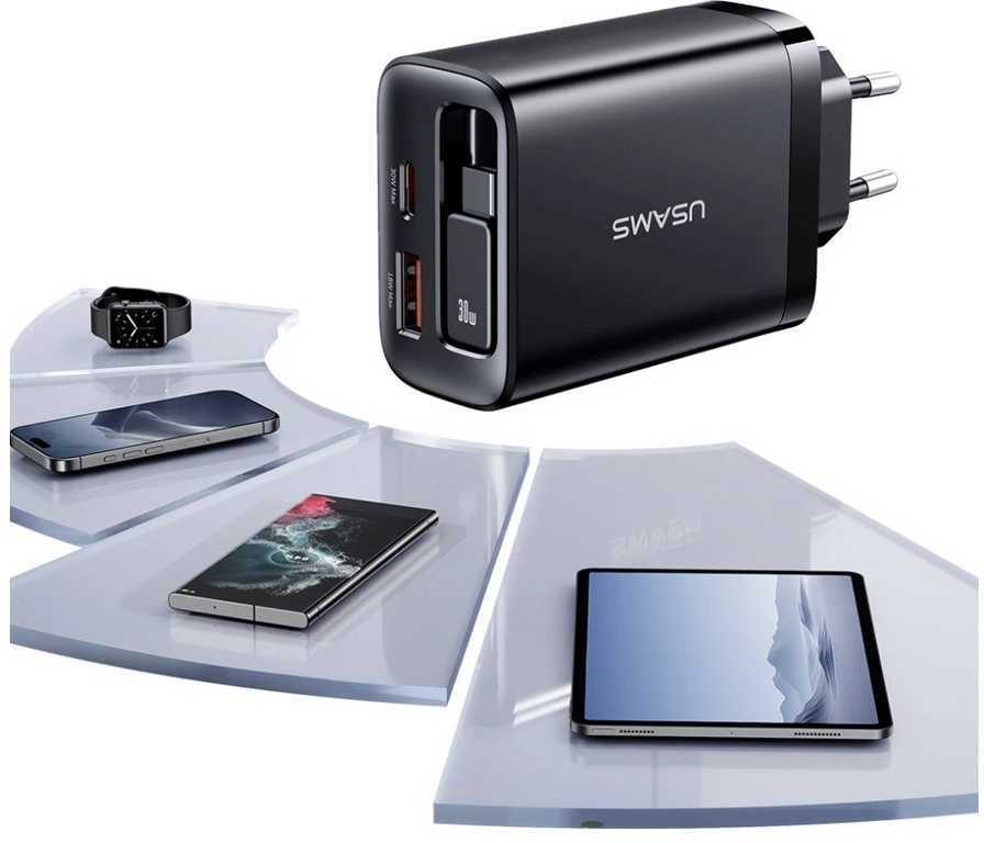 Laidinis įkroviklis USAMS Xiang Series CC296 30W 1xUSB-C 1xUSB-A + USB-C cable baltos spalvos