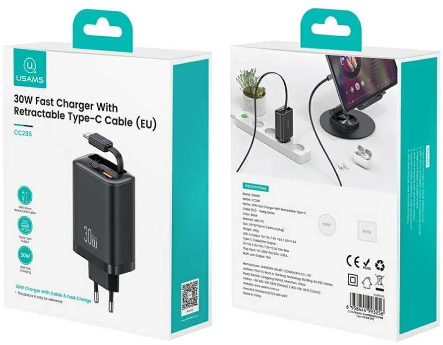 Laidinis įkroviklis USAMS Xiang Series CC296 30W 1xUSB-C 1xUSB-A + USB-C cable baltos spalvos