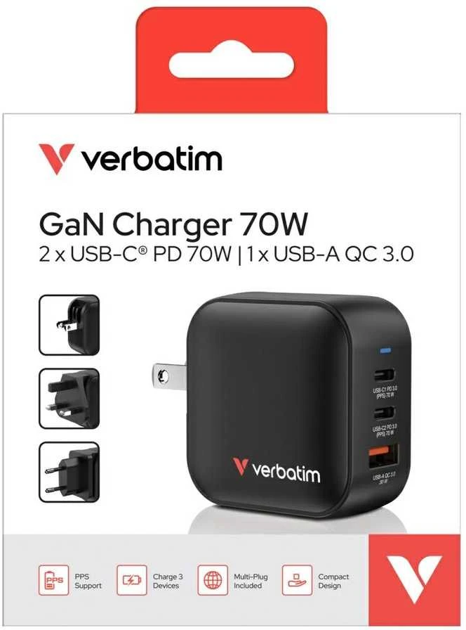 Laidinis įkroviklis Verbatim Mini GaN 70W 2xUSB-C PD/1x USB-A QC juodos spalvos 32229