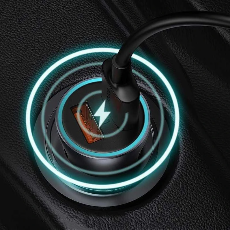 Baseus Automobilinis įkroviklis 40W 12-24V USB + USB-C QC4+ PD3.0 SCP FCP AFC, pilkas