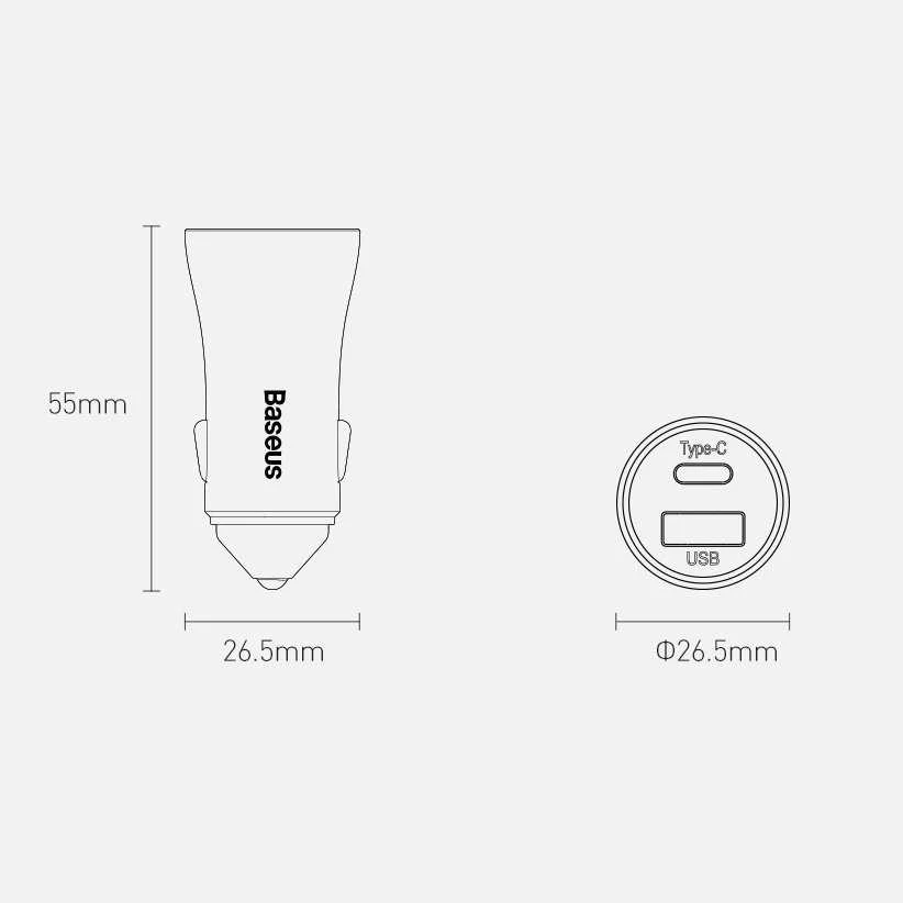 Baseus Automobilinis įkroviklis 40W 12-24V USB + USB-C QC4+ PD3.0 SCP FCP AFC, pilkas