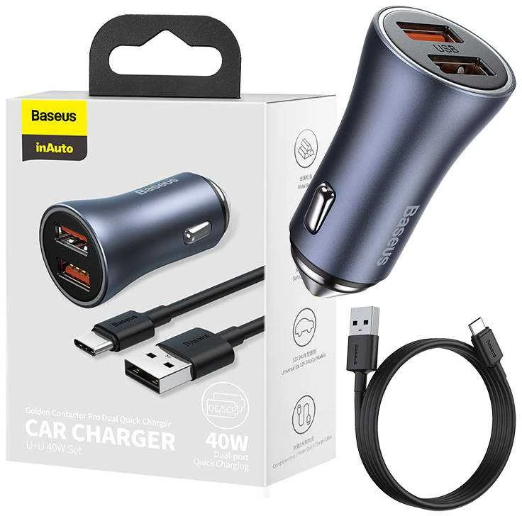 Baseus Automobilinis įkroviklis 40W 12-24V 2xUSB QC4.0 SCP FCP AFC su USB-C 1m laidu, pilkas