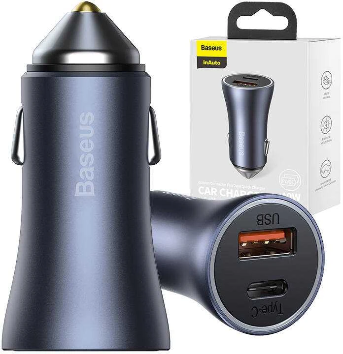 Baseus Automobilinis įkroviklis 40W 12-24V USB + USB-C QC4+ PD3.0 SCP FCP AFC, pilkas