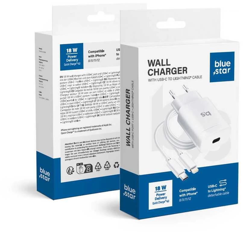 BlueStar Telefono įkroviklis Blue Star USB C QC3.0 PD 3A 18W + laidas USB C - Lightning TFK-TC-1099C baltas