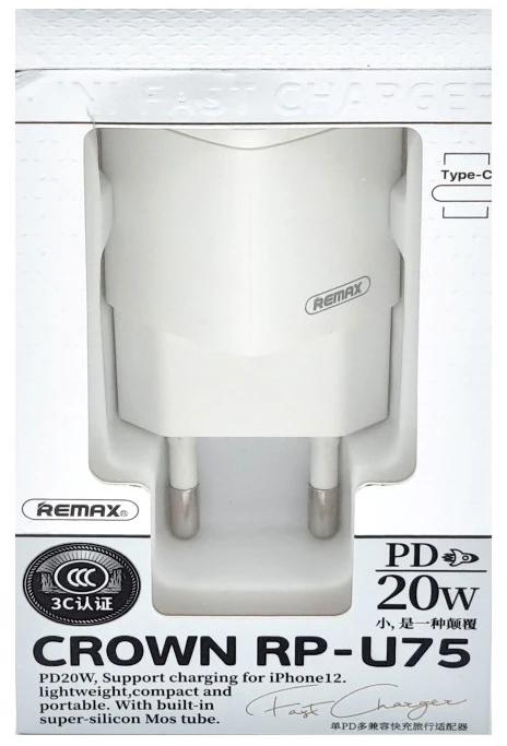Įkrovimo adapteris buitinis Remax RP-U75 | Type-C | 20W