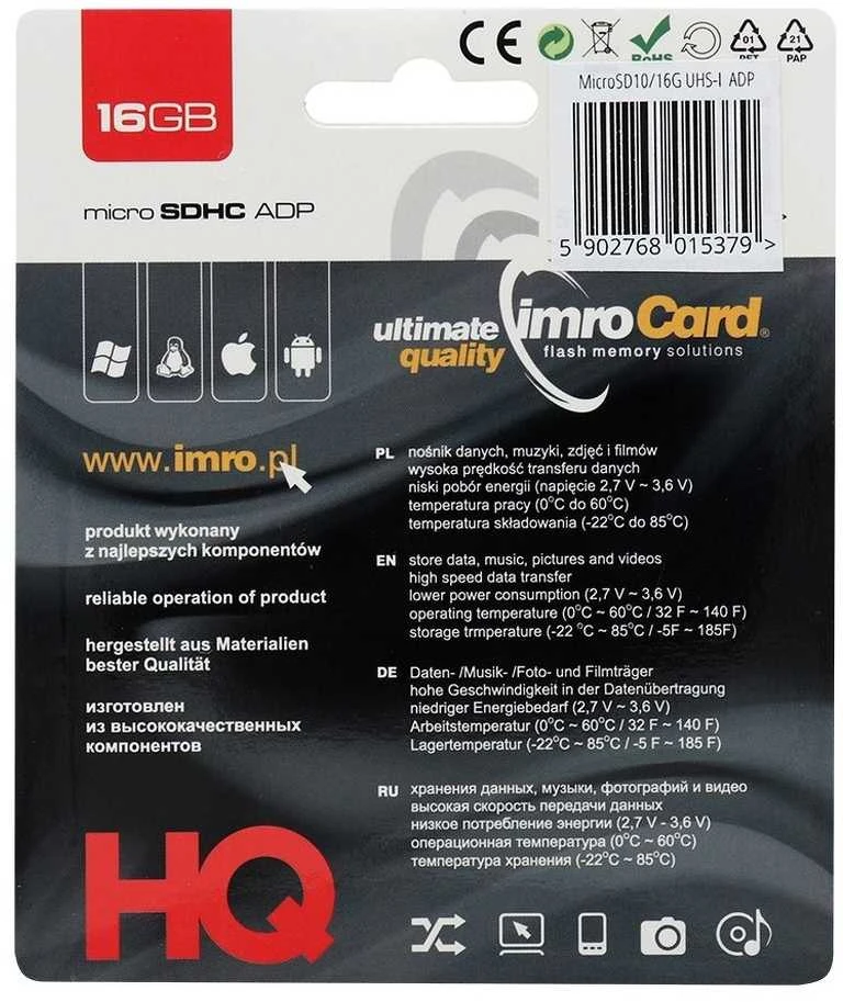 IMRO atminties kortelė Micro SD 16GB 100MB/s class 10 UHS I su adapteriu SD