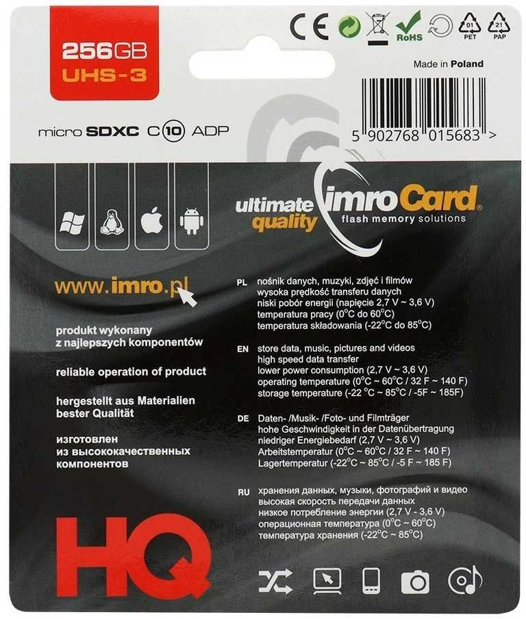 IMRO atminties kortelė Micro SD 256GB 100MB/s class 10 UHS 3 su adapteriu SD