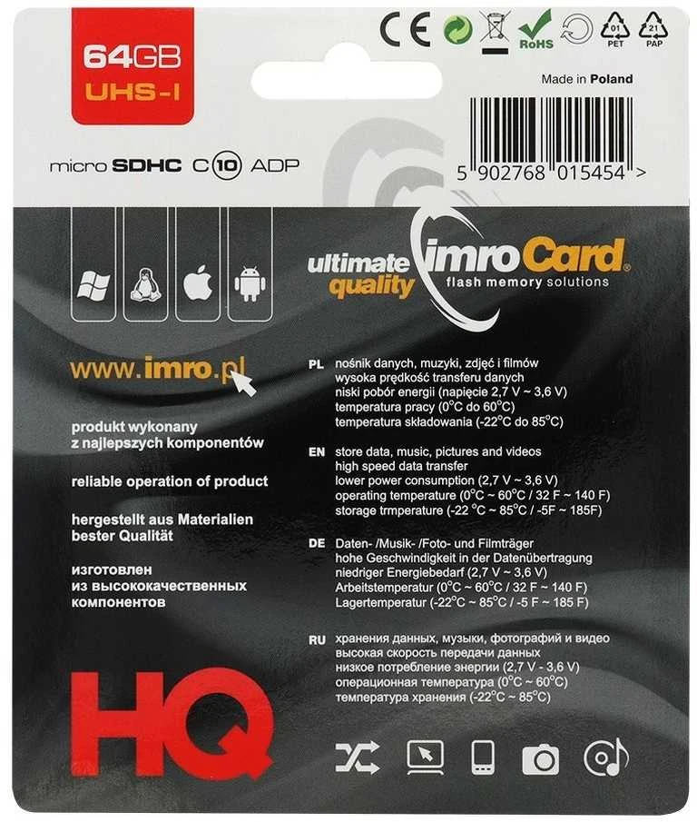 IMRO atminties kortelė Micro SD 64GB 100MB/s class 10 UHS I su adapteriu SD