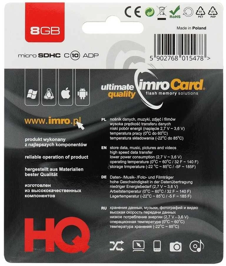 Imro atminties kortelė 8GB Micro SDHC cl. 10 + adapteris