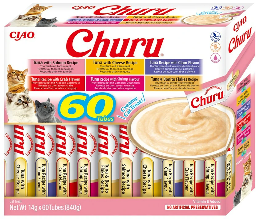 Kačių Skanėstai - Inaba Churu Įvairių Skonių Dėžutė Su Tuno Skanėstais 60 X 14g