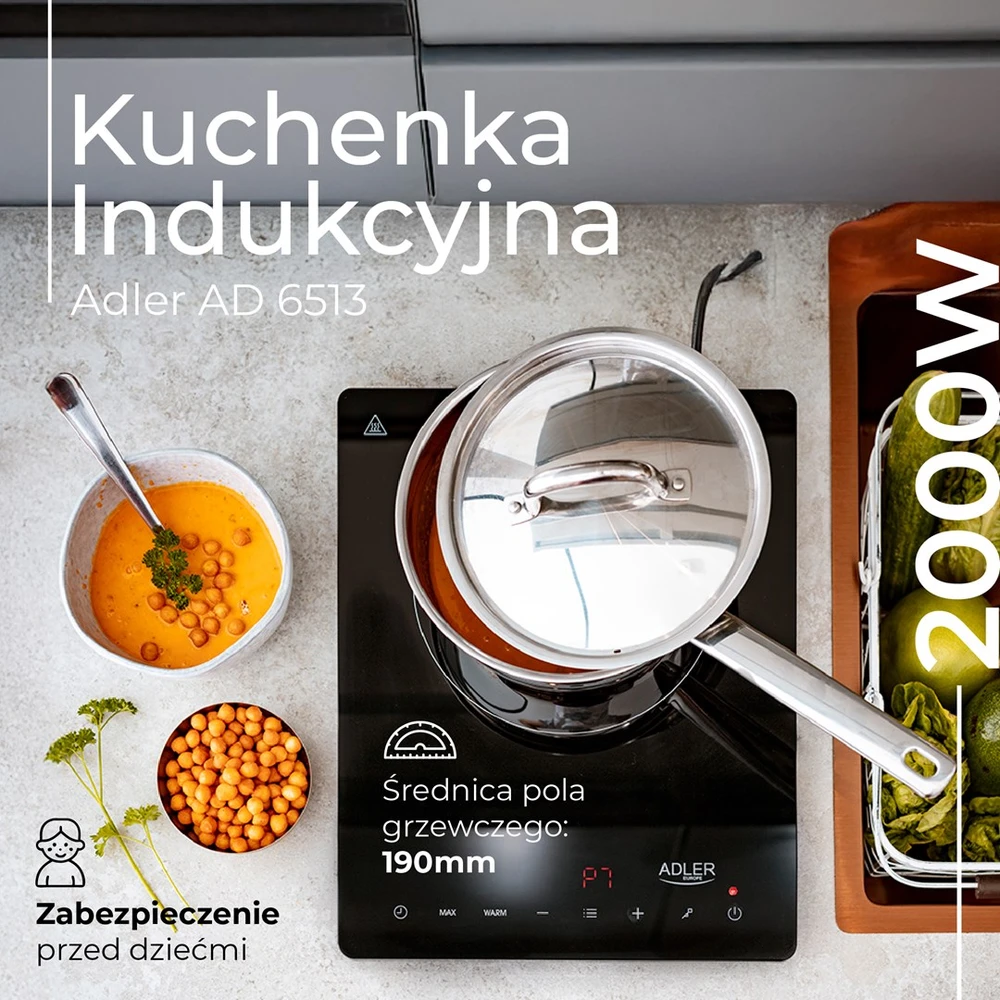 Adler | Hob | AD 6513 | Number of burners/cooking zones 1 | LCD Ekranas | Induction | Juodas