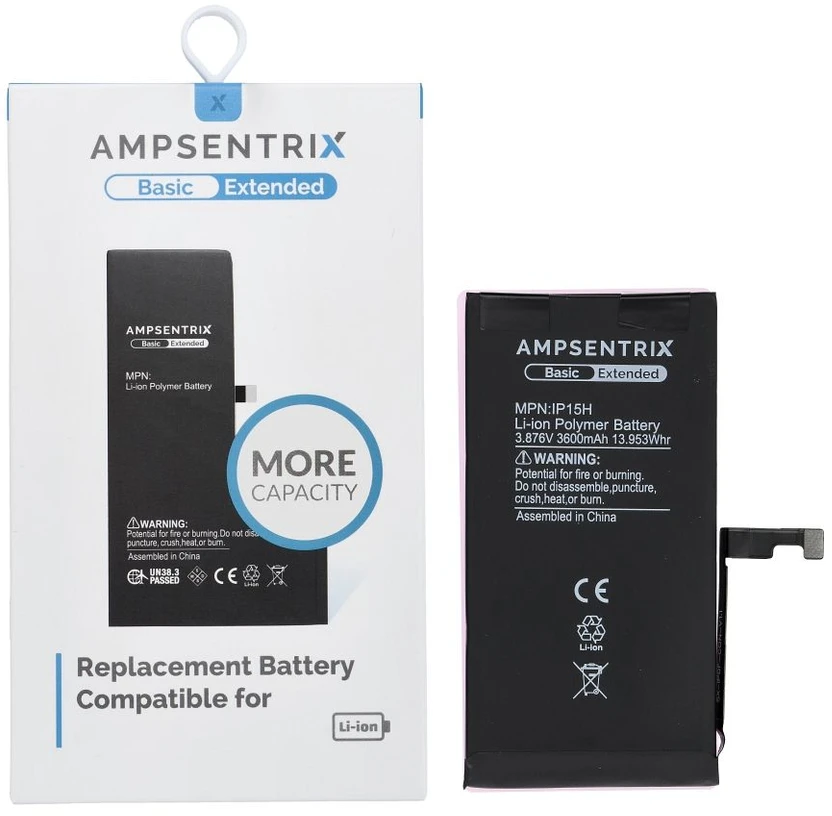 Inne „Oem AmpSentrix Basic“ baterija, skirta „iPhone 15“ (didelės talpos 3600 mAh)