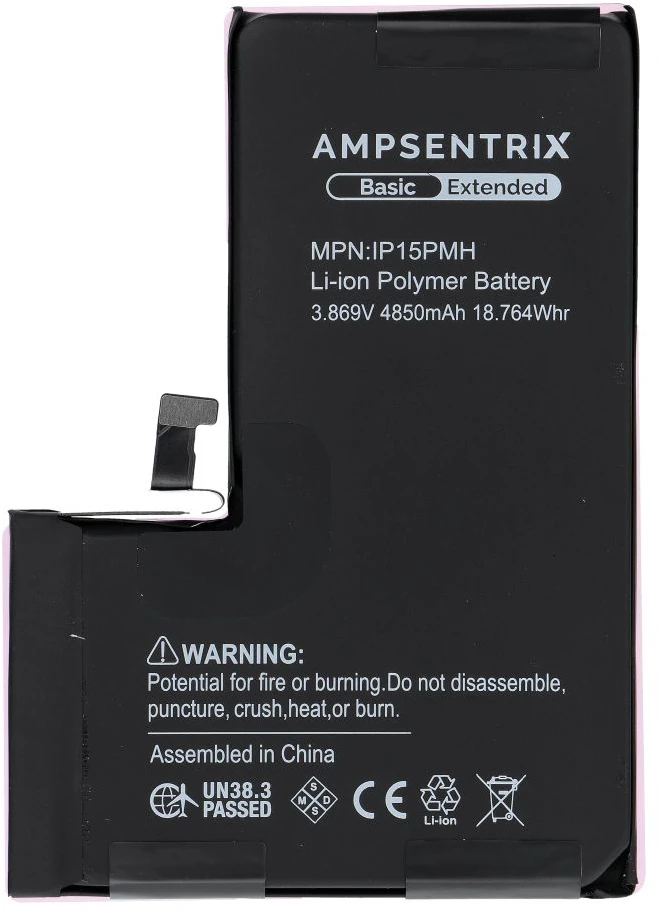 Inne „Oem AmpSentrix Basic“ baterija, skirta „iPhone 15 Pro Max“ (didelės talpos 4850 mAh)