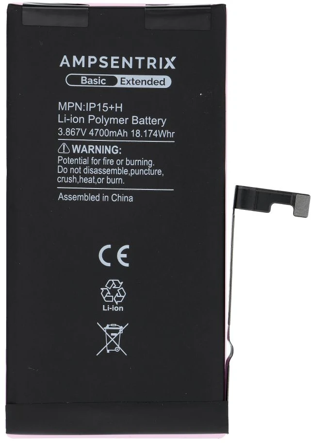 Inne „Oem AmpSentrix Basic“ baterija, skirta „iPhone 15 Plus“ (didelės talpos 4700 mAh)