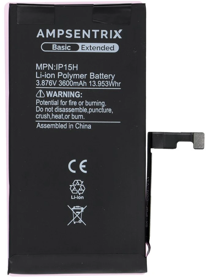 Inne „Oem AmpSentrix Basic“ baterija, skirta „iPhone 15“ (didelės talpos 3600 mAh)