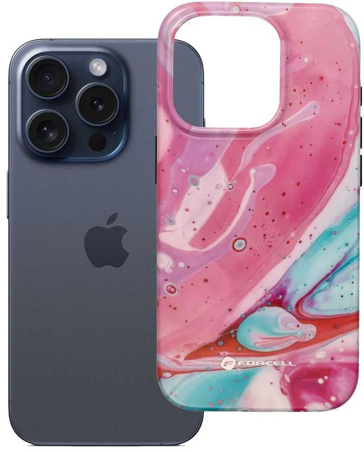 „iPhone 15 PRO Forcell F-Protect Mirage“ dėklas, suderinamas su „Magsafe Military Drop-Test“ rožinio marmuro spalvos