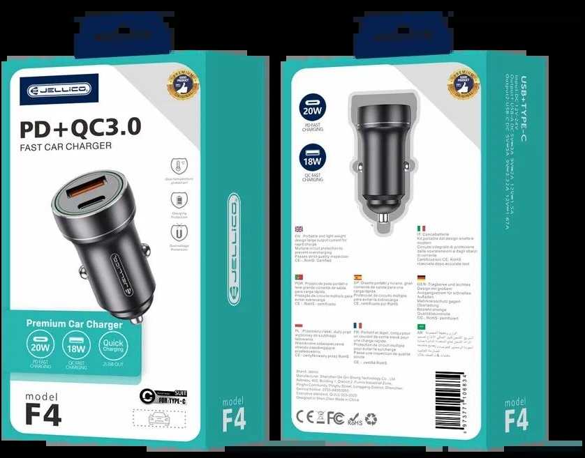 JELLICO automobilinis įkroviklis F4 PD 20W 1xUSB-C + 1xUSB QC3.0 + USB-C laidas Juodas