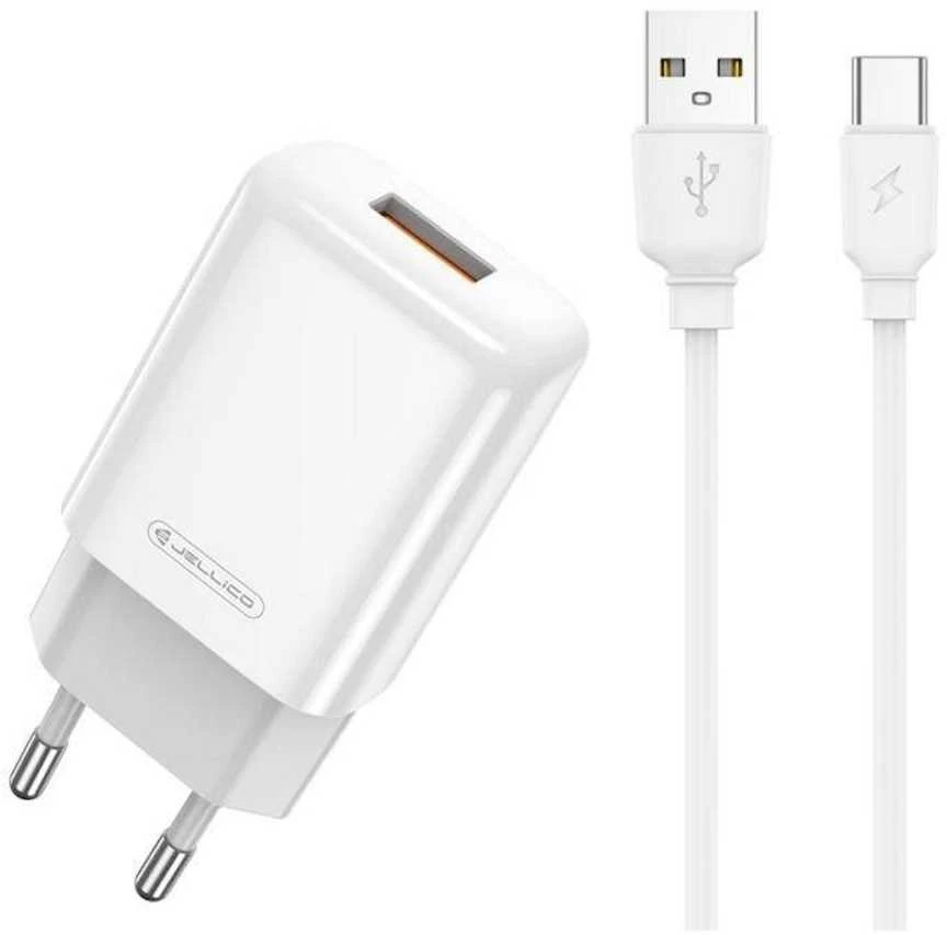 Įkroviklis Jellico EU01 2.4A USB-A + USB-A į USB-C laidas 1.0m baltas
