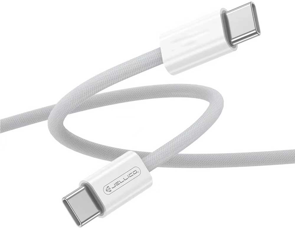 Jellico IP15 Pīta auduma iPhone 15 / 16 USB-C uz USB-C Datu & Ātrās PD 60W uzlādes kabelis 1m Balts