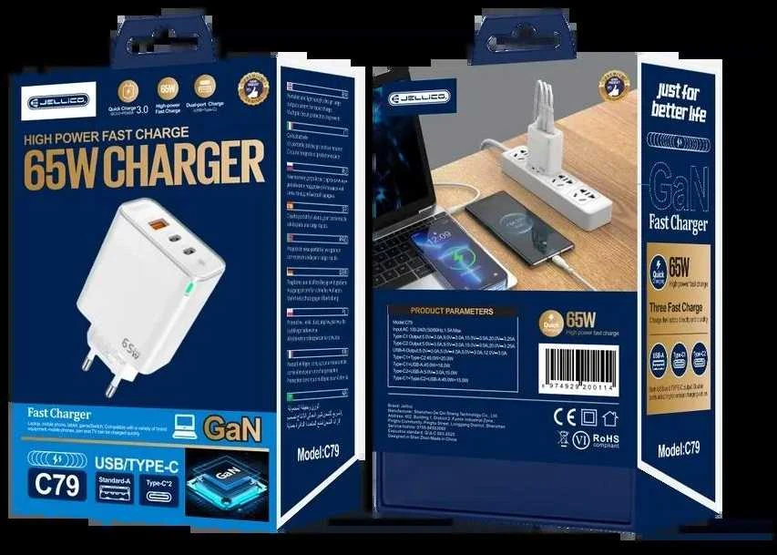JELLICO sieninis įkroviklis C79 GaN PD 65W 2xUSB-C + 1xUSB QC3.0 Baltas