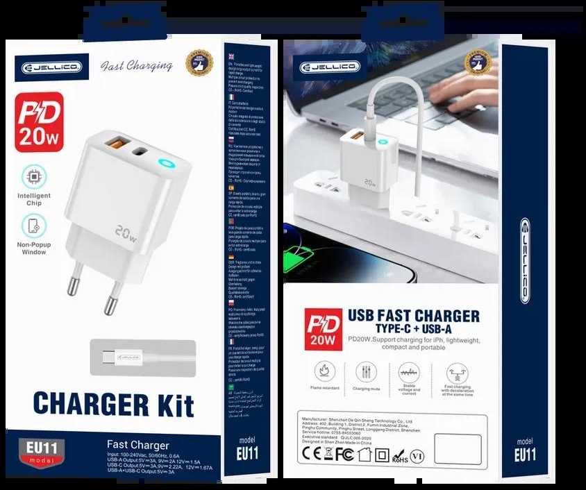 JELLICO sieninis įkroviklis EU11 PD 20W 1xUSB-C + 1xUSB QC3.0 + USB-C laidas - USB-C Baltas