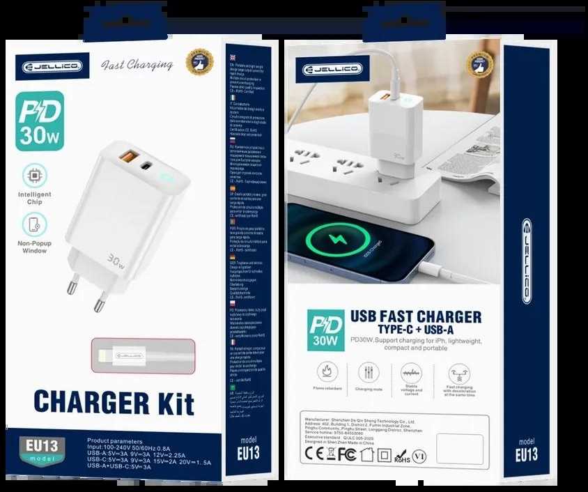 JELLICO sieninis įkroviklis EU13 GaN PD 30W 1xUSB-C + 1xUSB QC3.0 + USB-C laidas - Lightning Baltas