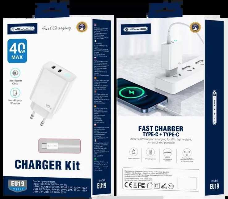 JELLICO sieninis įkroviklis EU19 GaN PD 40W 2xUSB-C + laidas USB-C - USB-C Baltas