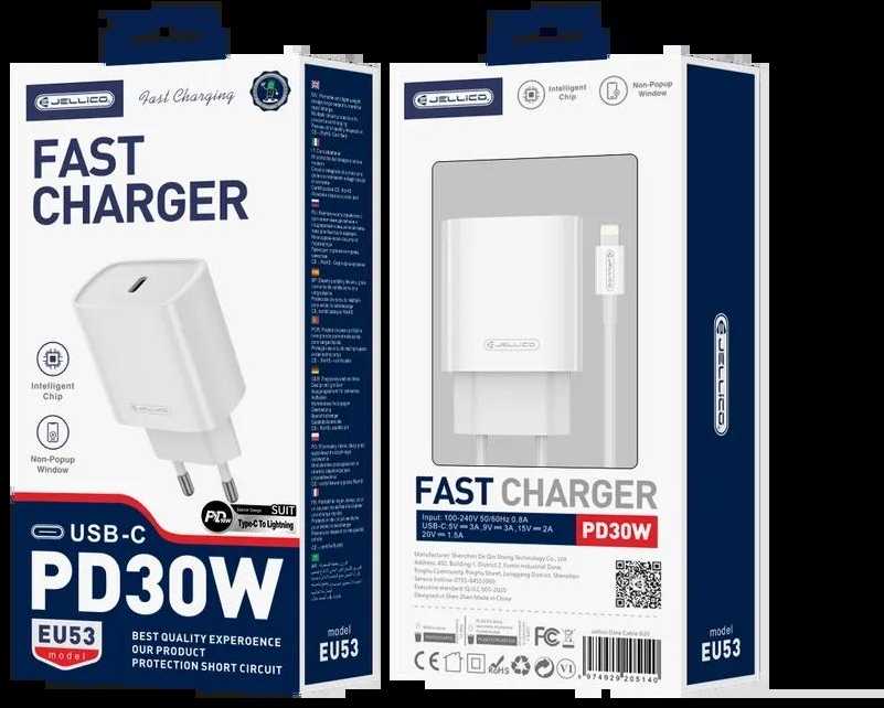 JELLICO sieninis įkroviklis EU53 PD 30W 1xUSB-C + USB-C laidas - Lightning Baltas