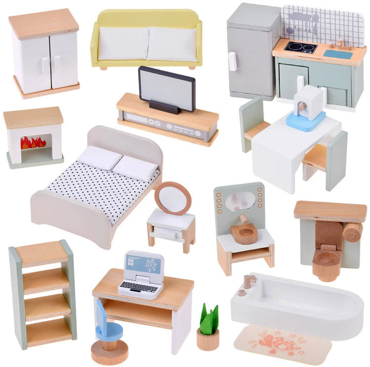 Jokomisiada 28-Piece Wooden Dollhouse Furniture Set – Kitchen, Living Room, Bedroom and Bathroom ZA660