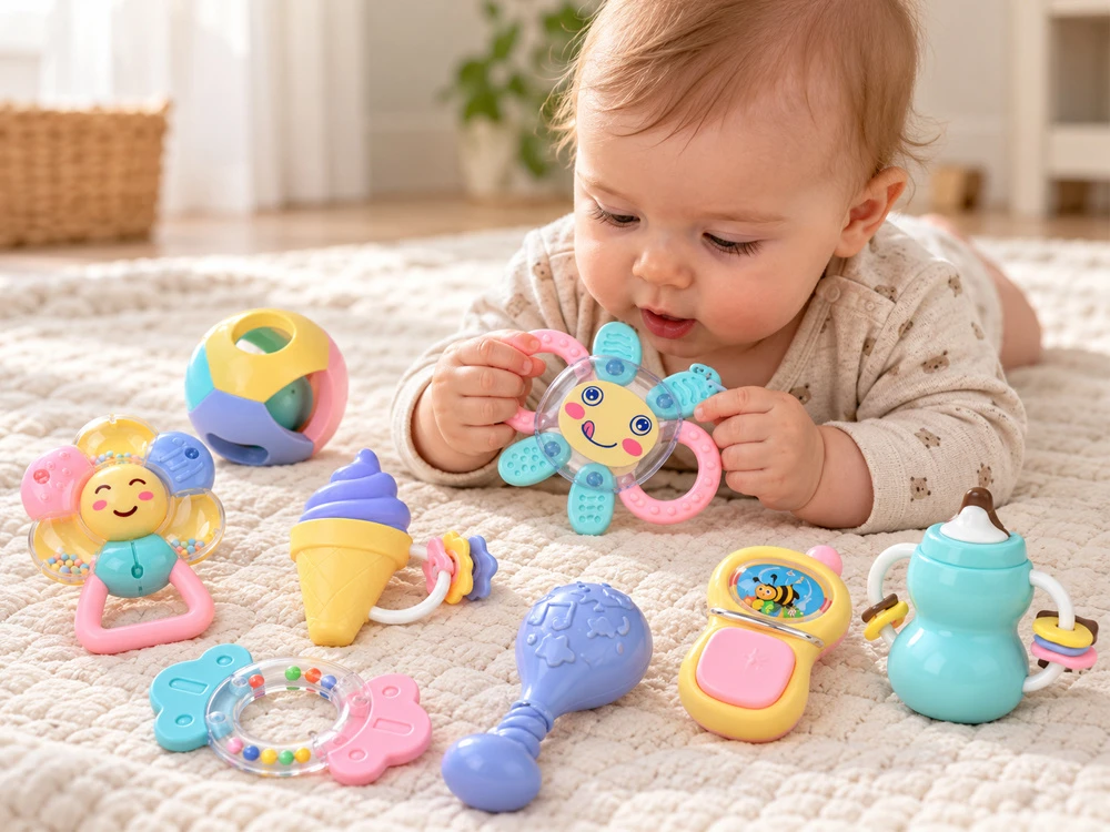 Jokomisiada 2in1 rattle and teether - large set of 8 pcs. PASTEL for toddlers ZA6627