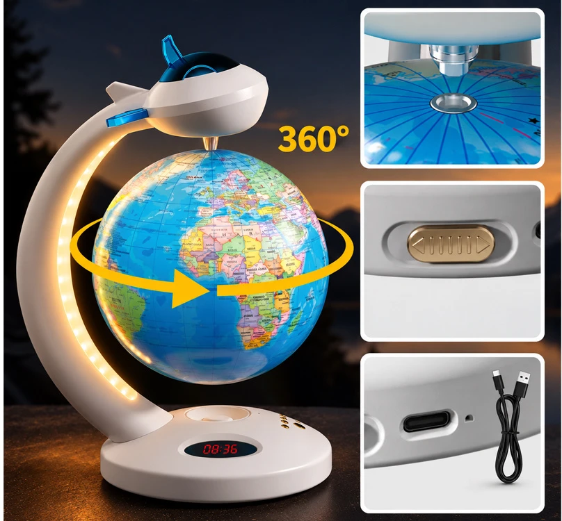 Jokomisiada 4-in-1 levitating globe, 360° rotation - LED lamp, BT speaker, clock ZA6313