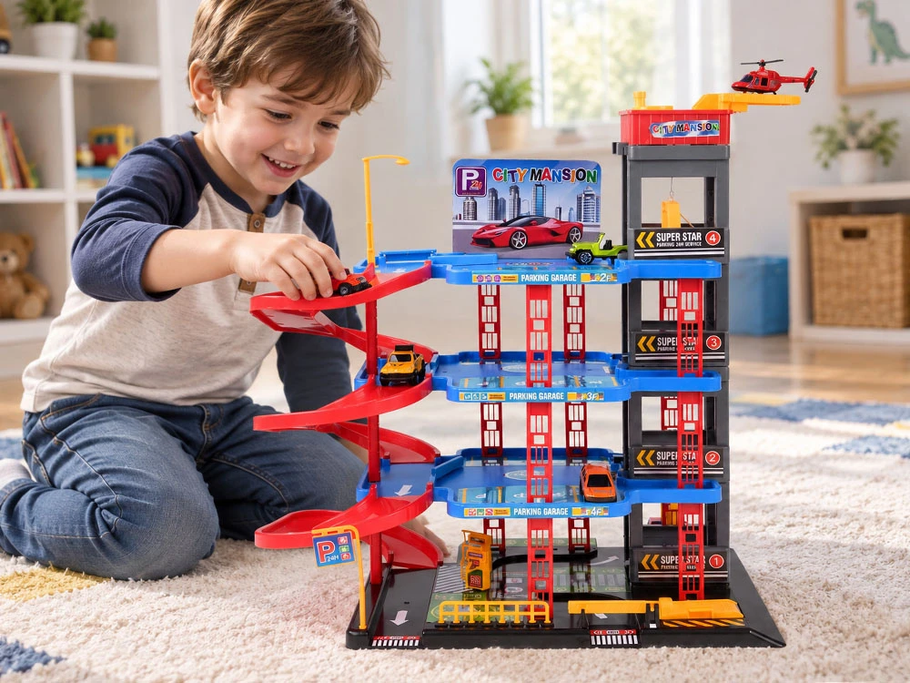 Jokomisiada 4-Level Parking Garage Lift Car Wash Toy Cars Helicopter Ramps ZA6198
