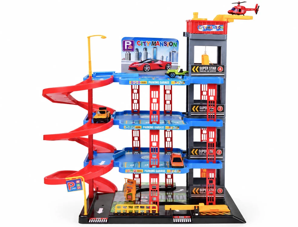 Jokomisiada 4-Level Parking Garage Lift Car Wash Toy Cars Helicopter Ramps ZA6198