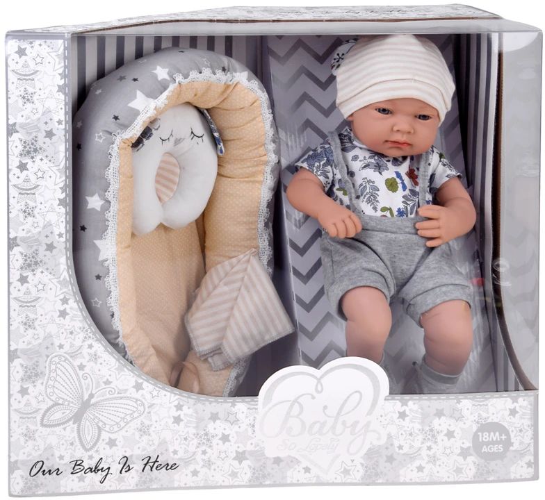Jokomisiada 40 cm Baby Doll with Nest, Pillow and Blanket – Pretend Play Set