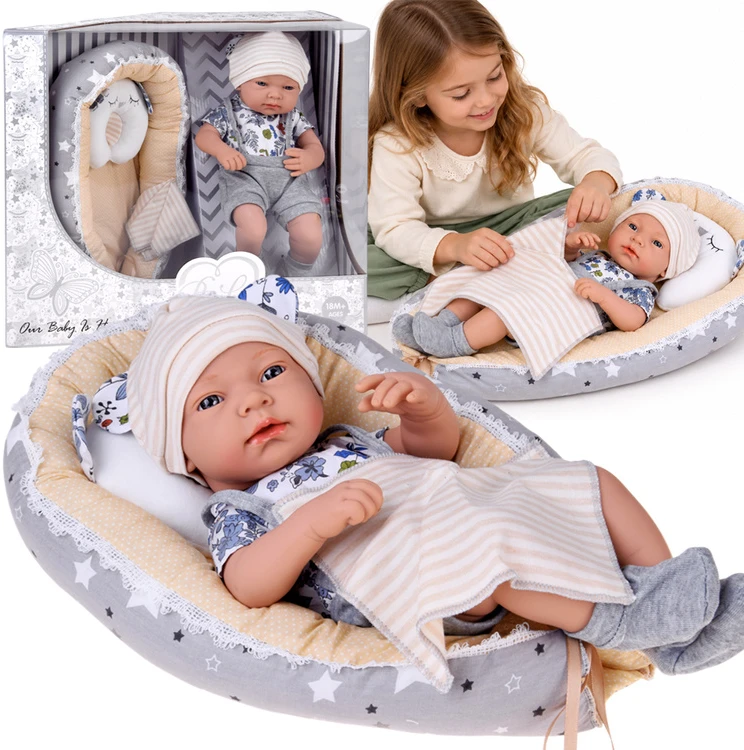 Jokomisiada 40 cm Baby Doll with Nest, Pillow and Blanket – Pretend Play Set