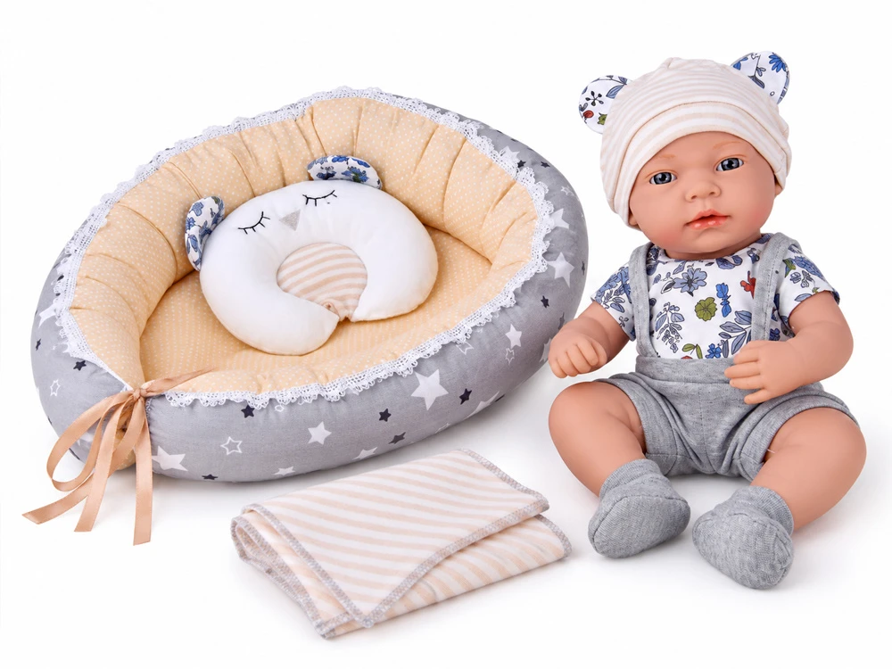 Jokomisiada 40 cm Baby Doll with Nest, Pillow and Blanket – Pretend Play Set