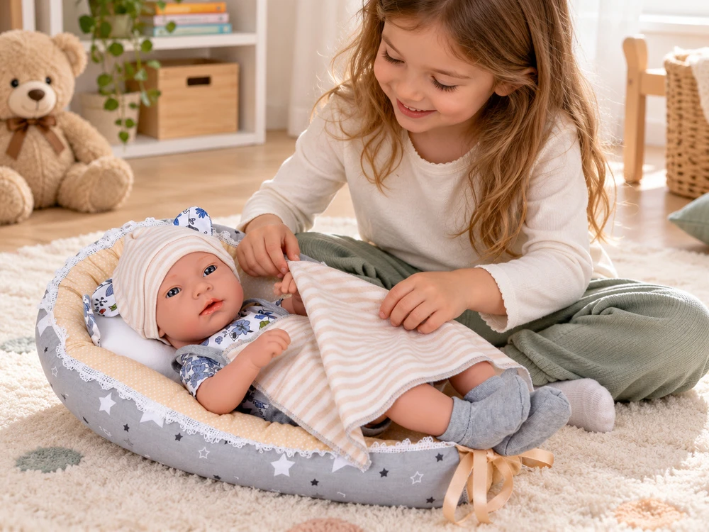 Jokomisiada 40 cm Baby Doll with Nest, Pillow and Blanket – Pretend Play Set