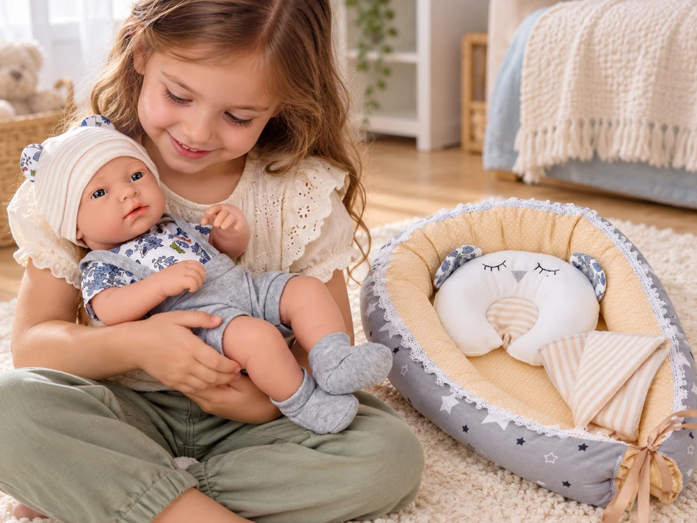 Jokomisiada 40 cm Baby Doll with Nest, Pillow and Blanket – Pretend Play Set