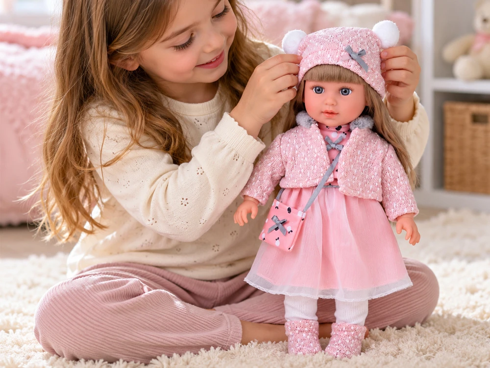 Jokomisiada Adorable 43 cm Doll with Long Hair, Rožinė Dress and Jacket ZA6442