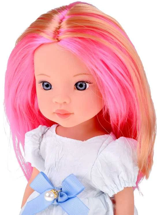 Jokomisiada Charming Doll in a Baltas Dress with a Mėlyna Bow, 33 cm Doll ZA5850