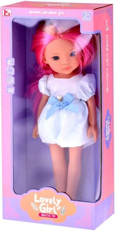 Jokomisiada Charming Doll in a Baltas Dress with a Mėlyna Bow, 33 cm Doll ZA5850