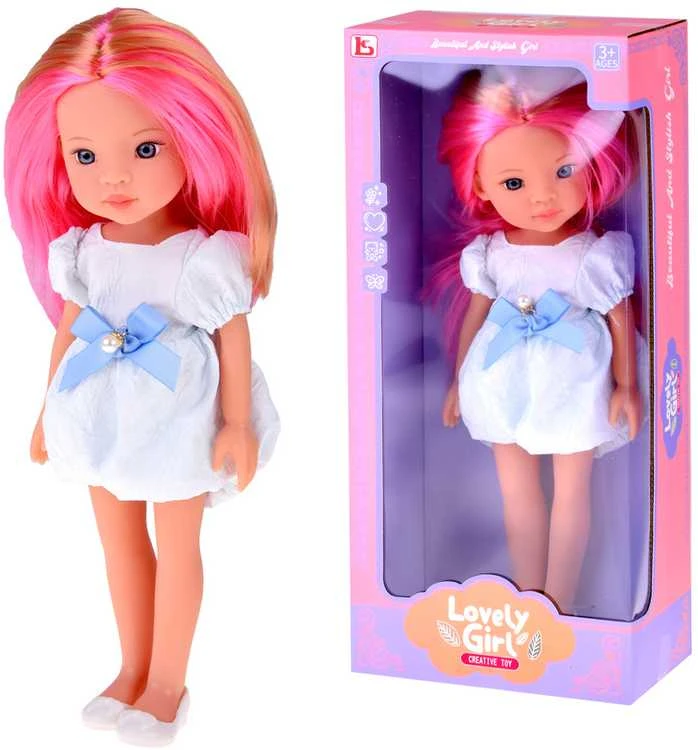 Jokomisiada Charming Doll in a Baltas Dress with a Mėlyna Bow, 33 cm Doll ZA5850