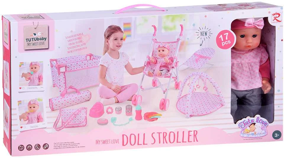 Jokomisiada Deluxe Baby Doll Set with Stroller, Crib, Play Mat and Accessories – 17 pcs ZA5916